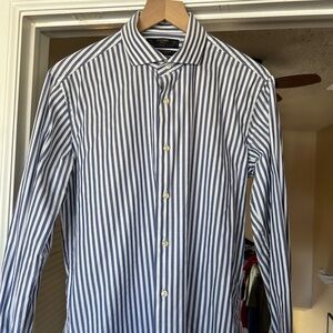 Sacoor white+blue stripes 100% soft cotton dress shirt / Spread Collar